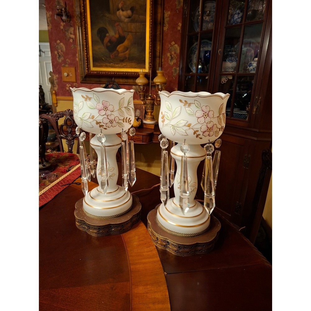 Vintage Hand Painted Milk Glass Hurricane Lamps with Crystal Prisms Pair